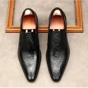 Роскошные Мужские модельные туфли из натуральной кожи с рисунком Крокодиловой кожи ручной работы, британский Тренд, Свадебные туфли из лакированной кожи без застежки, Мужская социальная обувь