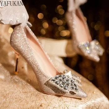 Роскошные свадебные туфли для подружек невесты с блестками, элегантные туфли для выпускного вечера на тонком каблуке, женские туфли-лодочки для выпускного вечера с хрустальным бантом