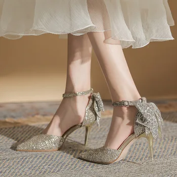 Свадебные Туфли Bling Bling 2022 босоножки Женские на высоком каблуке с мелким носком и острым носком в римском стиле, полые женские туфли-лодочки, платье невесты, лат.