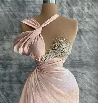 Сексуальное атласное платье-русалка с коротким рукавом на шее длиной до пола, без рукавов, Розовые аппликации, официальное вечернее платье на заказ, Vestido De Novia