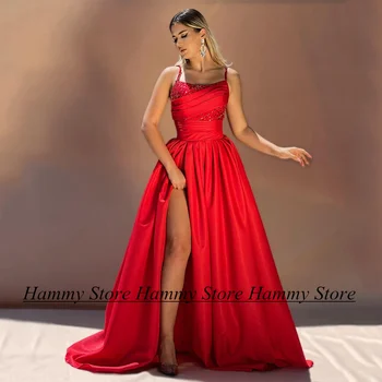 Сексуальное красное вечернее платье, вечерние платья на тонких бретельках, расшитые бисером, блестки, складки, Атласные платья для выпускного вечера с высоким разрезом, Robe De Soiree