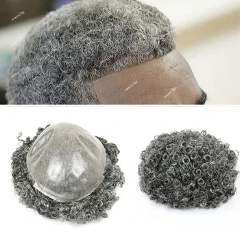Серый Черный 15-миллиметровый Кудрявый мужской парик Afro Man 1b80 Сверхпрочный С полностью закрученной основой, натуральный волосяной покров, Тонкая кожа, человеческие волосы, мужские парики