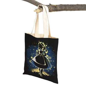 Сказочная черная сумка для покупок для женщин, мультяшная детская сумка с двойным принтом, женские сумки для покупок, складная дорожная сумка из эко-холста