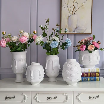 Скандинавская белая керамическая цветочная композиция, ваза с лицом Музы и губами, современный дизайн гостиной, художественное оформление дома