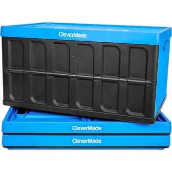 Складные ящики для хранения CleverMade 46 л с Крышками - Складные Пластиковые Штабелируемые Ящики для Хозяйственных Нужд, 3 упаковки, Neptune Blue