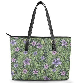 Сумка-мессенджер с принтом тропических листьев и фиолетового гибискуса с верхней ручкой для девочек, едущих на работу за покупками, модный клатч, классические маленькие сумки