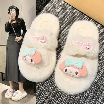 Тапочки Sanrio My Melody с героями мультфильмов, женские осенне-зимние милые плюшевые туфли Kuromi в девчачьем стиле, одежда для домашнего использования, хлопковая швабра