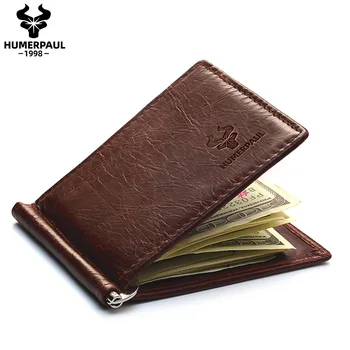 Ультратонкий мужской кошелек с зажимом для денег, винтажный двойной кошелек для карт из натуральной кожи, мини-высококачественный мужской кошелек для денег Cartera
