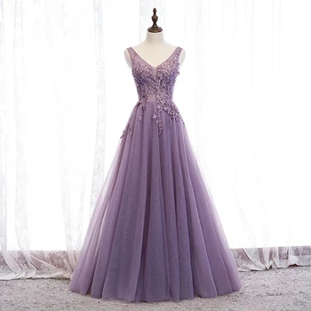 Фиолетовое тюлевое платье, халат с V-образным вырезом, роскошные турецкие вечерние платья, выпускное платье с открытой спиной, формальная роскошь, подходящий запрос для женщин