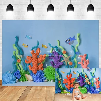 Фотография на подводном фоне аквариума, детский торт, реквизит для вечеринки по случаю дня рождения ребенка, рыба, акула, коралловый фон, Фотостудия