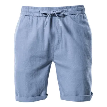 Хлопчатобумажные льняные шорты с завязками, дышащие пятиточечные брюки с эластичной талией, мужские шорты-карго, летние пляжные брюки со средними карманами
