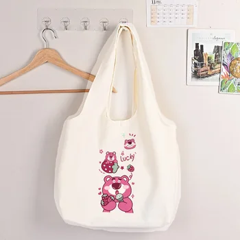 Холщовая сумка из мультфильма Disney Lotso для девочек из мультфильма Каваи, студенческая сумка для ежедневных покупок, повседневная сумка на одно плечо, сумка для пригородных поездок.