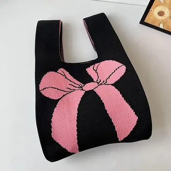 Черно-розовый галстук-бабочка с узлом, вязаная сумочка ручной работы, повседневная сумка на запястье, сумка-тоут, многоразовые сумки для покупок, женская сумка для хранения для девочек