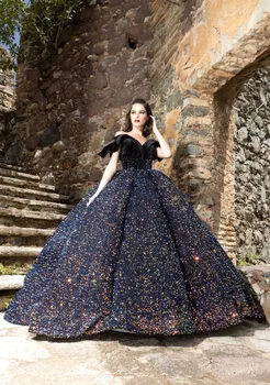Черные платья Charro Quinceanera Бальное платье с открытыми плечами, сверкающие пайетки, Мексиканская сладость, 16 платьев, 15 Anos