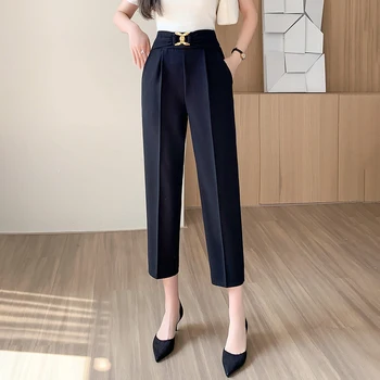 Шикарная Корейская модная женская одежда, укороченные брюки, женские OL Брюки с высокой талией на молнии, женская уличная одежда Py9160