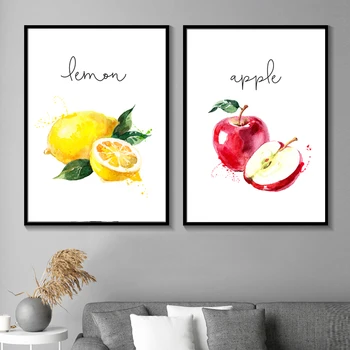 Яблоко, лимон, груша, фрукты, настенное искусство для кухни, холст, живопись, плакаты на скандинавскую тему и принты, мультяшные настенные панно для декора гостиной