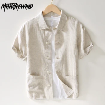 Японская летняя одежда из 100% льна для мужчин, Дышащая Однотонная рубашка с короткими рукавами, Мужская молодежная индивидуальность, Карманы, Тонкие топы