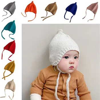 Вязаные зимние детские шапки, милая однотонная эластичная шапка с козырьком, теплая детская шапочка-ушанка для новорожденных